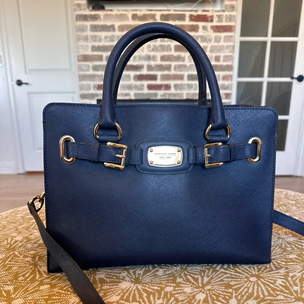 Michael Kors Hamilton East West Navy Saffiano Leather Satchel with Gold Hardware